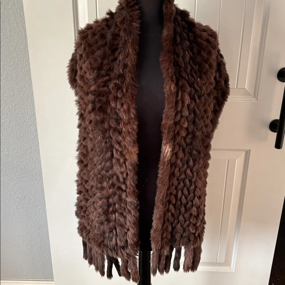 Moonbat Brown Rabbit Fur & Knit Scarf‎